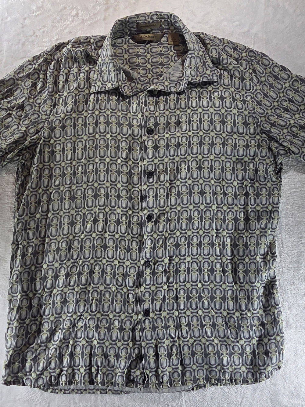 Axist Men’s M Regular Gray/Green Geometric Silk Woven Short Sleeve Button - 0093